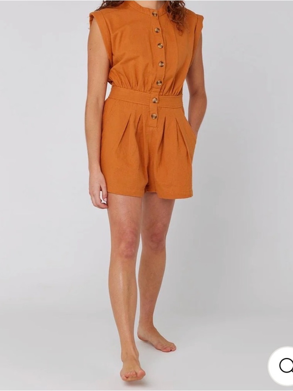 Women’s High-Waist Button Front Orange Romper Linen Blend